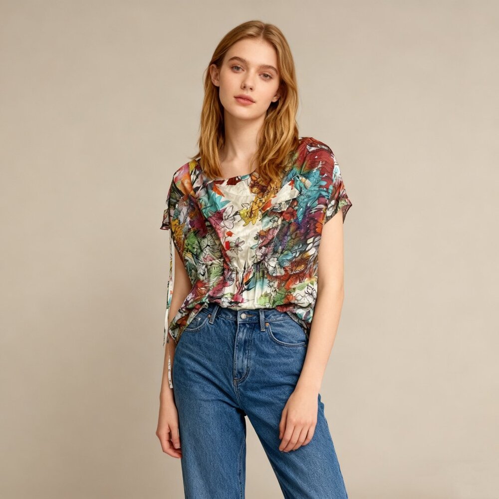 NWOT Diesel Multicolor Floral Print Draped Top Blouse Oversized Size XXS Woman